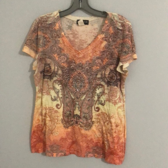 Orange rhinestone print shirt, size XL - Picture 1 of 3
